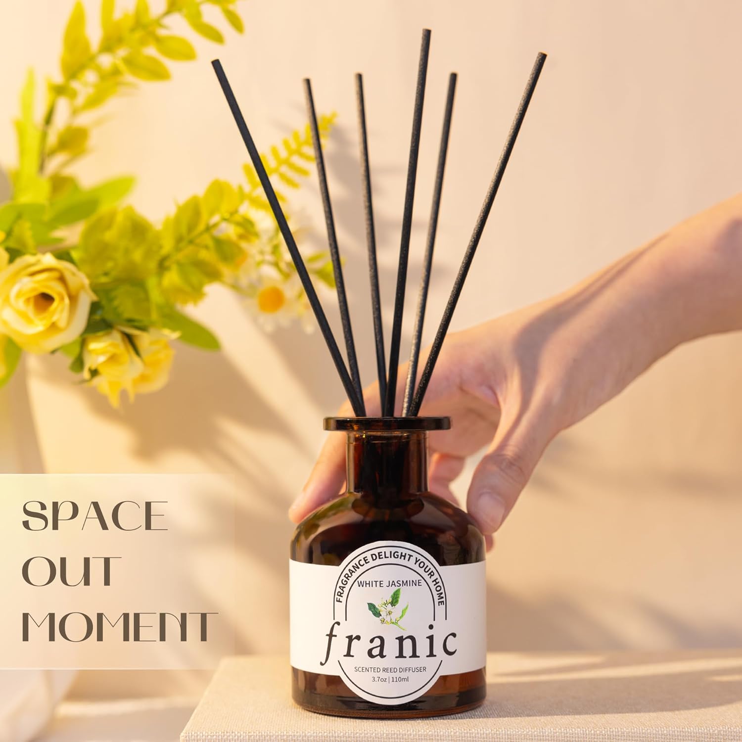 FRANIC Reed Diffuser Set - White Jasmine 37 oz with 6 Sticks