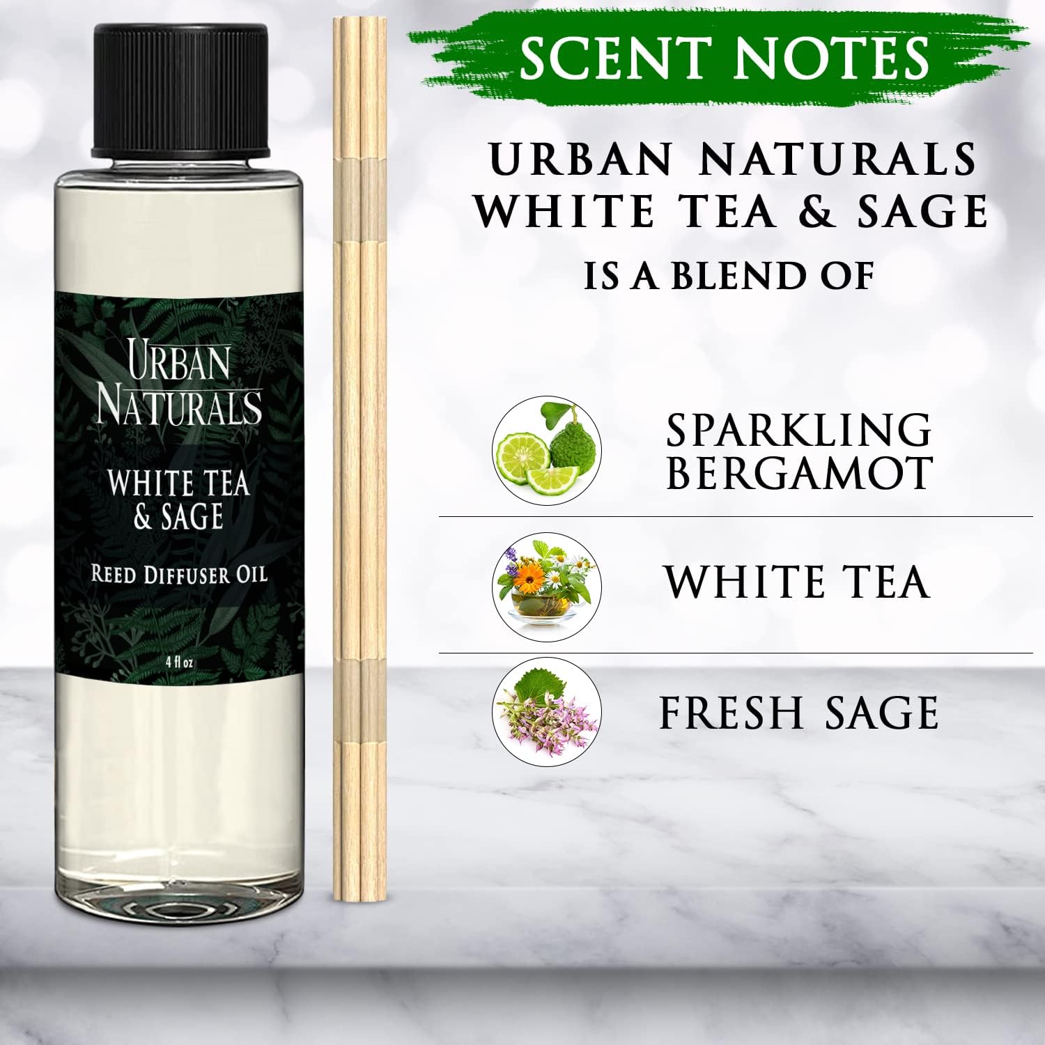 Urban Naturals White Tea Sage Reed Diffuser Set 4 Oz Bundle