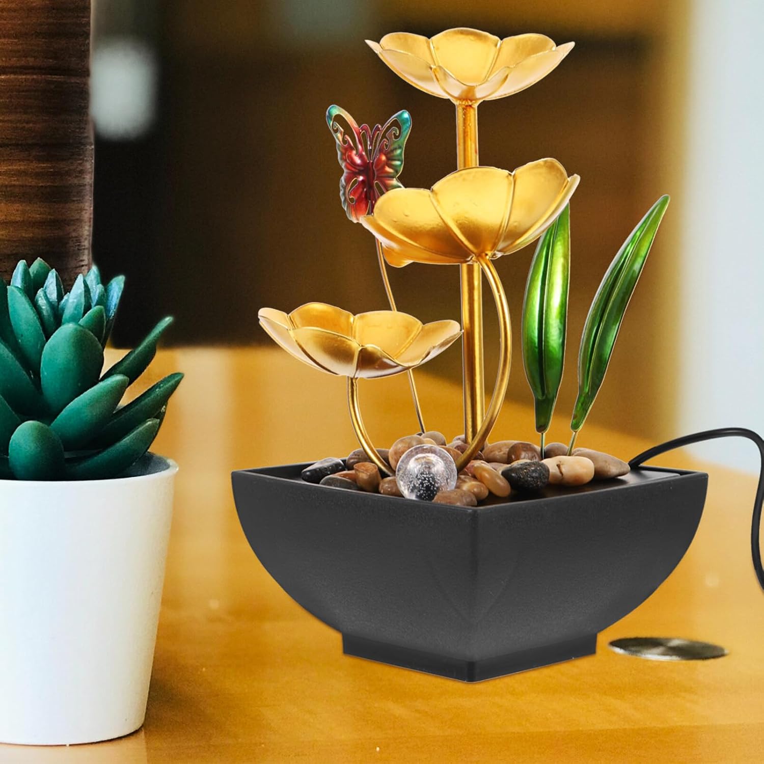 Unomor Tabletop Fountain Waterfall Ornament Elegant Indoor Water Feature USB Powered for Office Decor