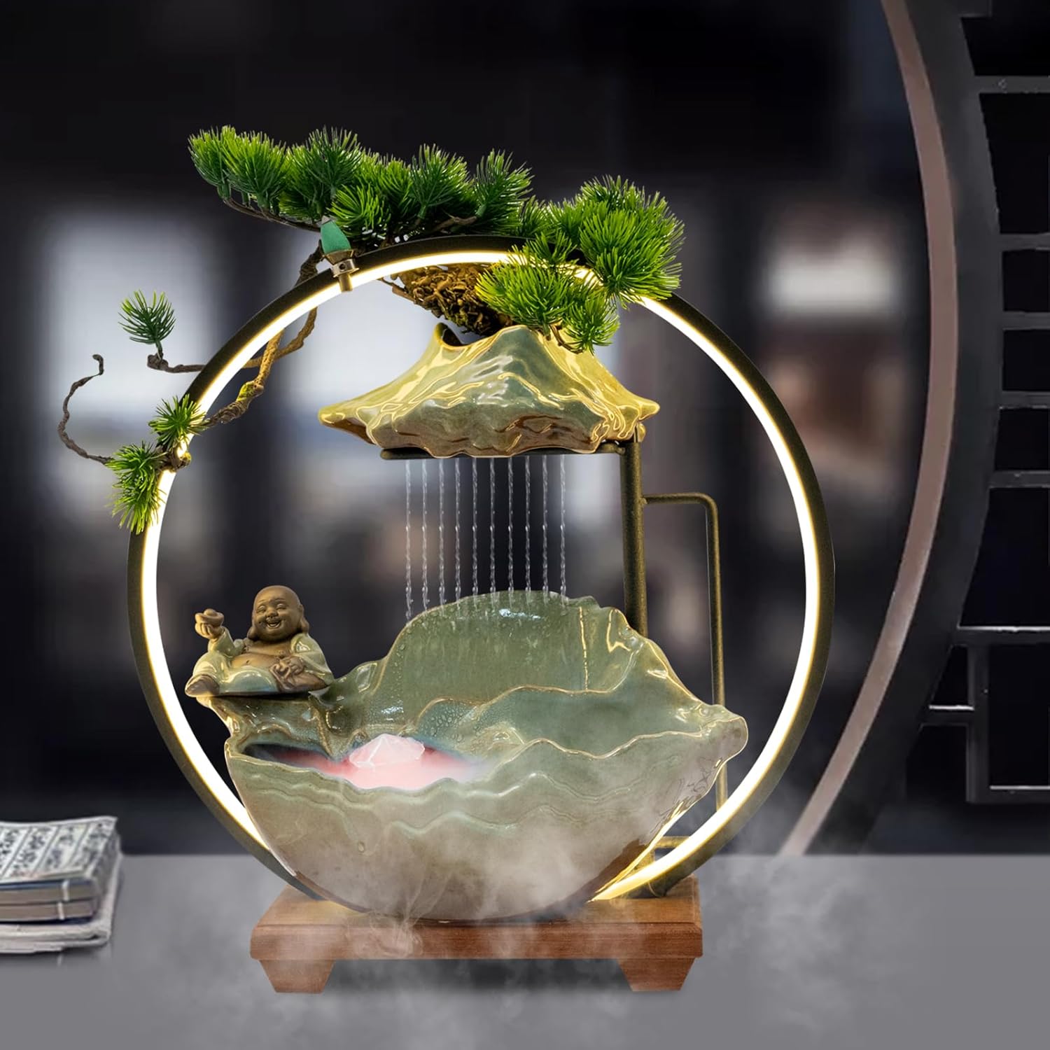 Tabletop Buddha Water Fountain with LED Light and Zen Decor