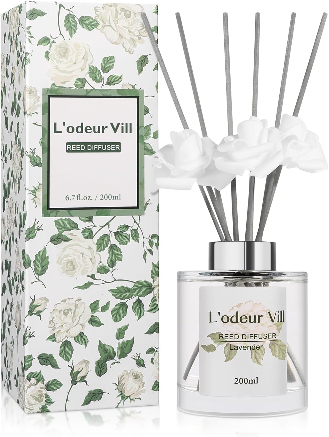 Lodeur Vill Reed Diffuser Set 67 oz Lavender Scented with 3 Artificial Roses