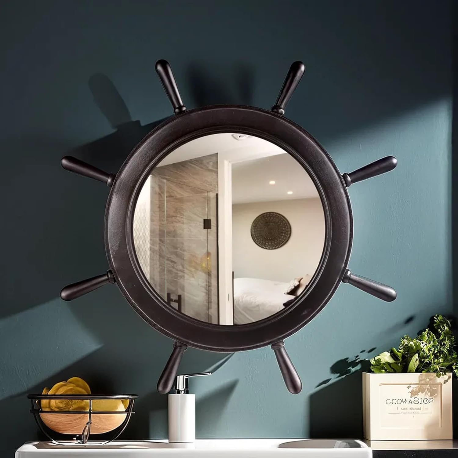 Nagina International 16 Inch Matte Black Ship Wheel Mirror