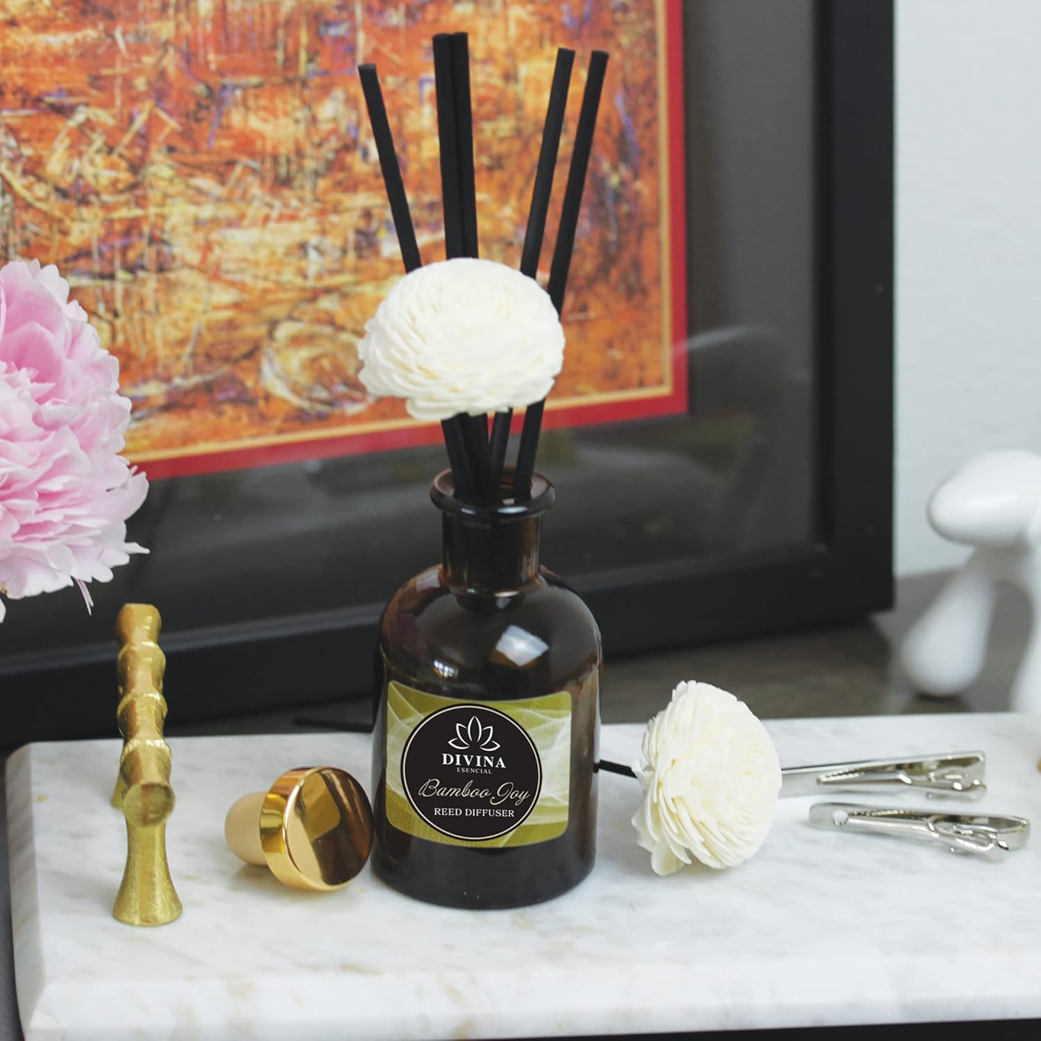 Divina Esencial Reed Diffuser Set with Bamboo Joy and Amber Glass Bottle