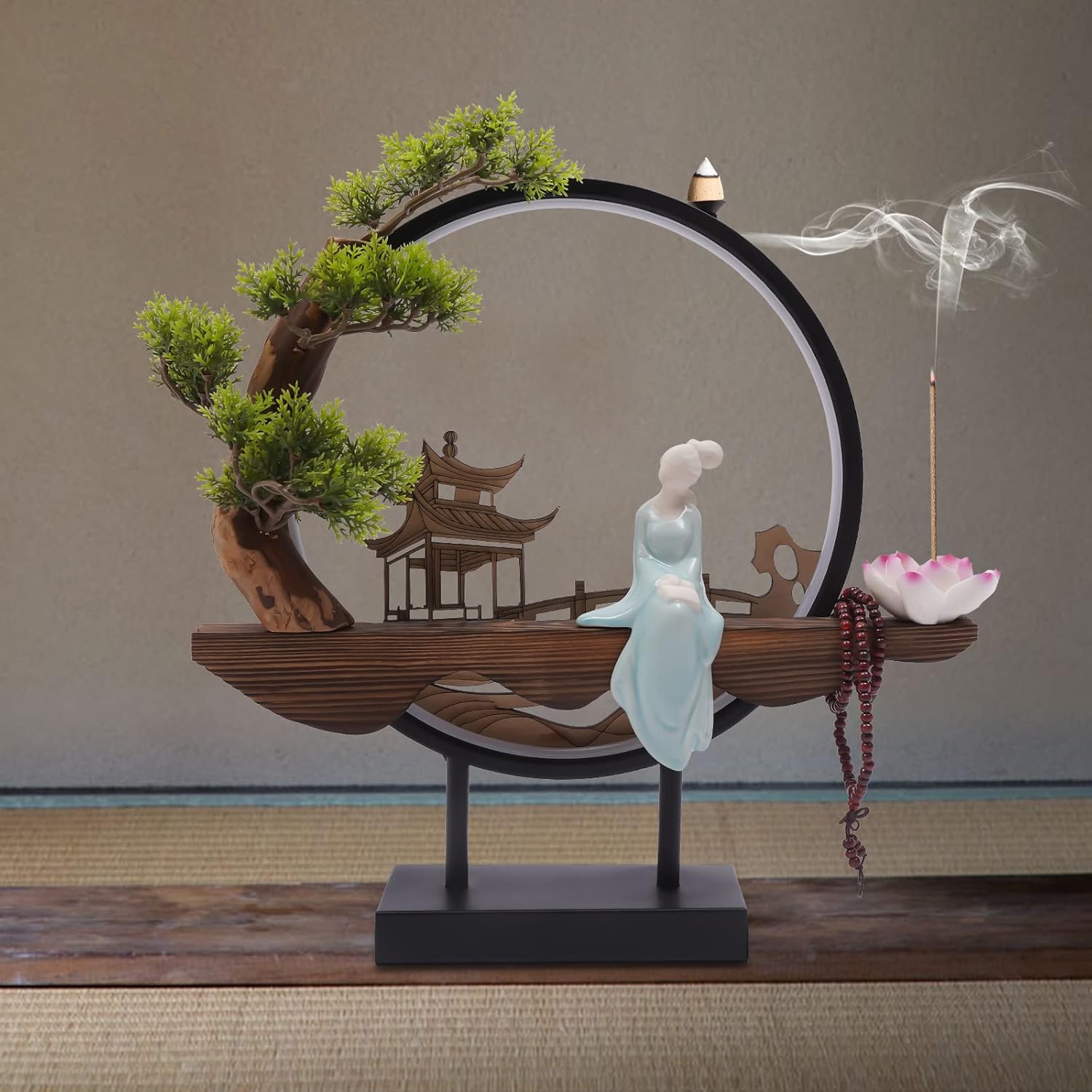 Netcoin Tabletop Water Fountain with Incense Burner and LED Lights