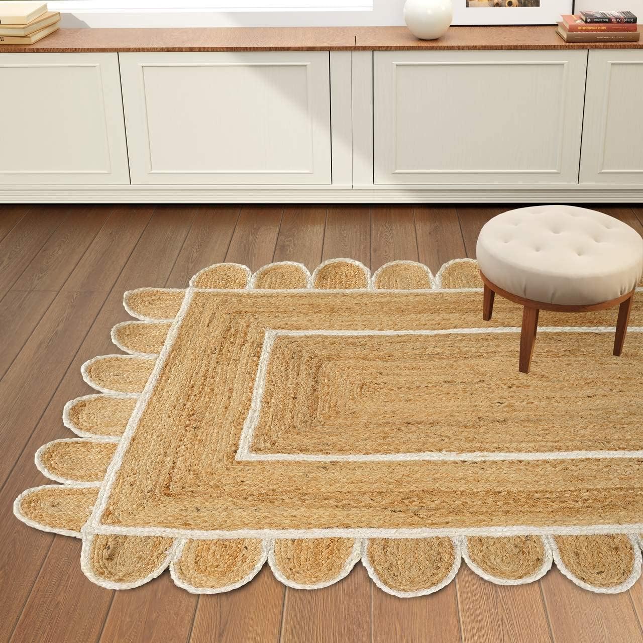 GRUHUM Scalloped Jute Rug 2x3 ft Natural White Trim Rectangular