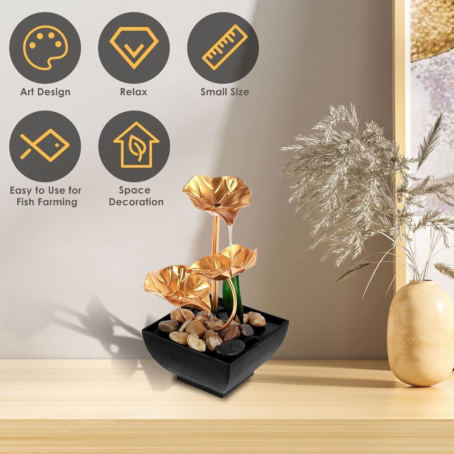 TRV Tabletop Fountain with Golden Flowers and River Rocks