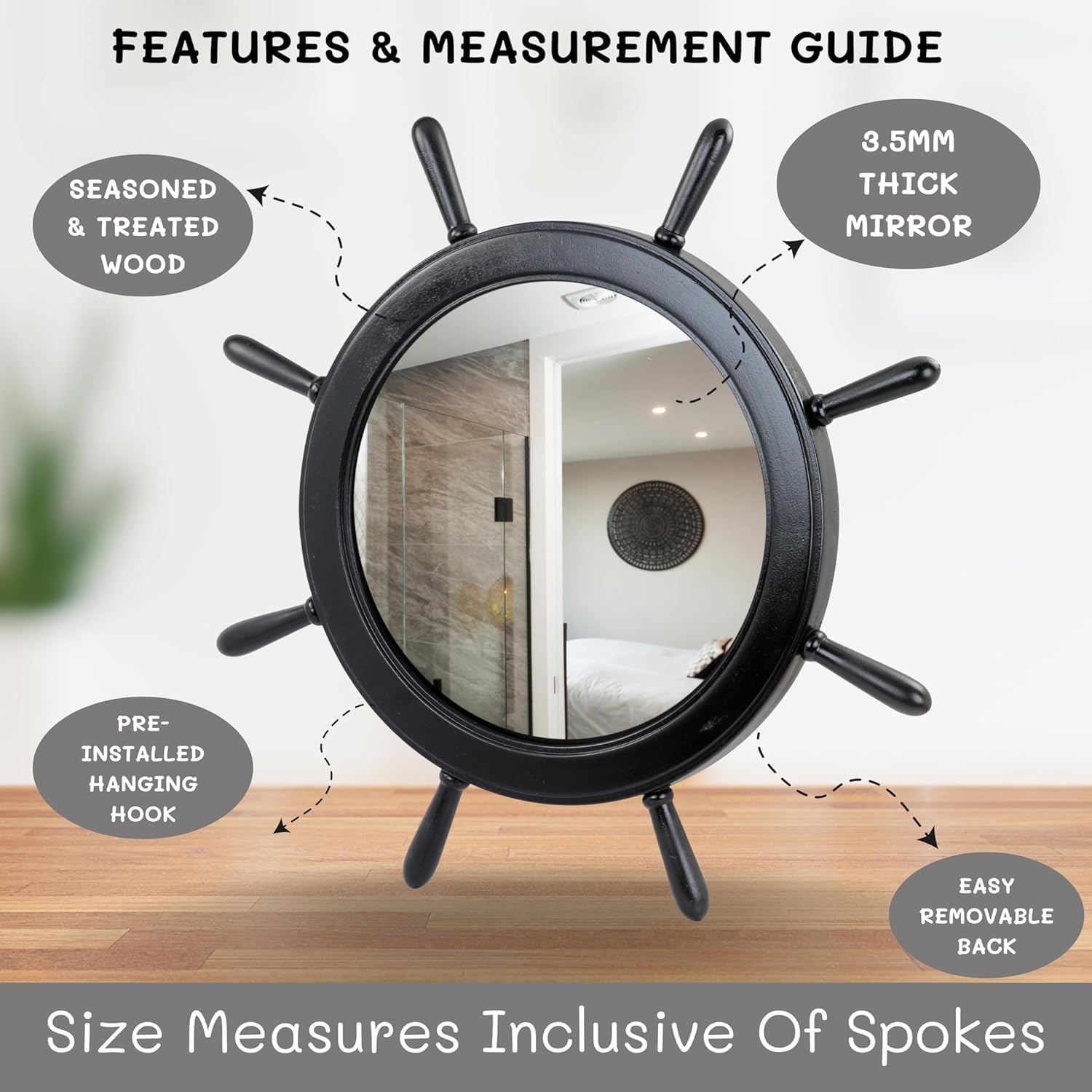 Nagina International 16 Inch Matte Black Ship Wheel Mirror