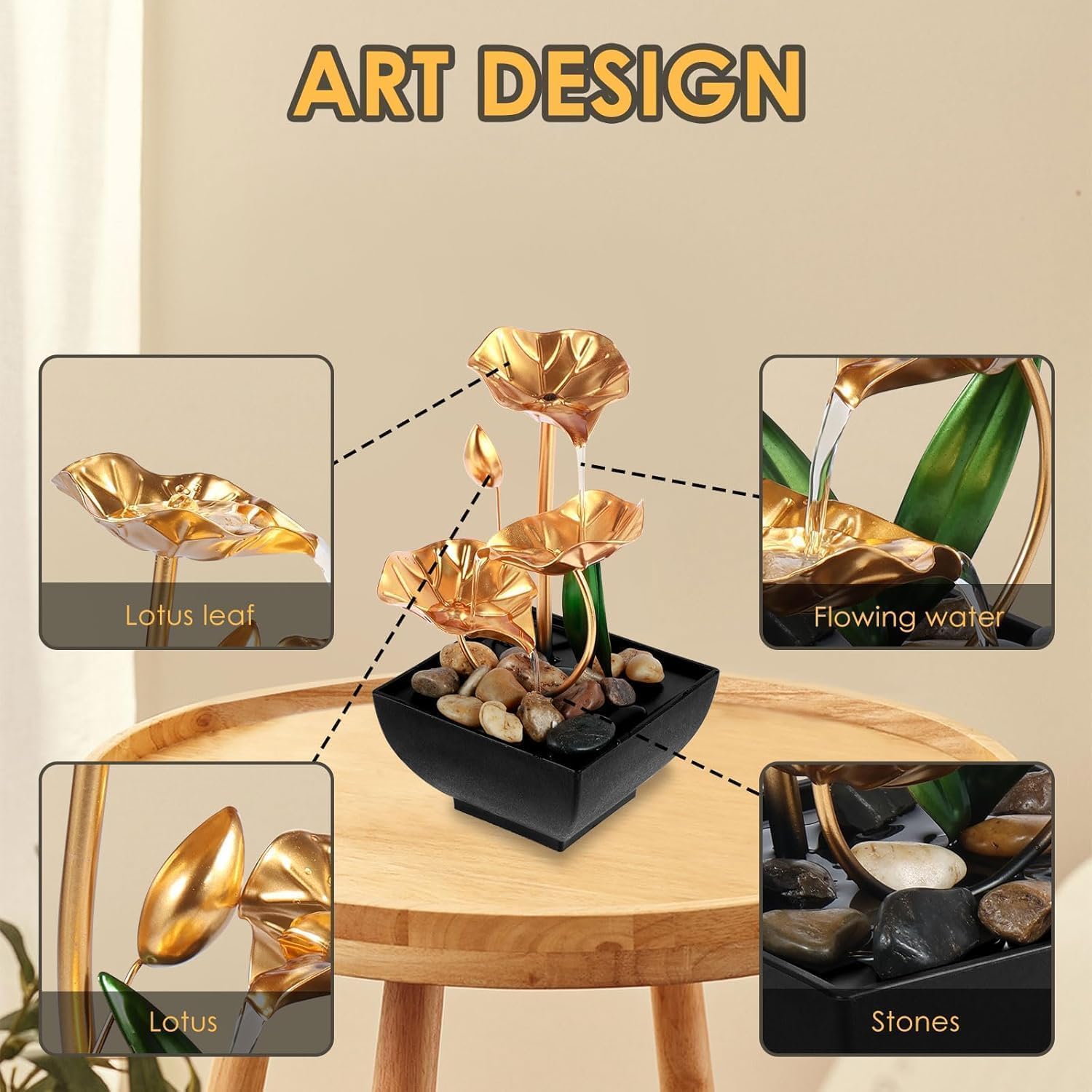 TRV Tabletop Fountain with Golden Flowers and River Rocks