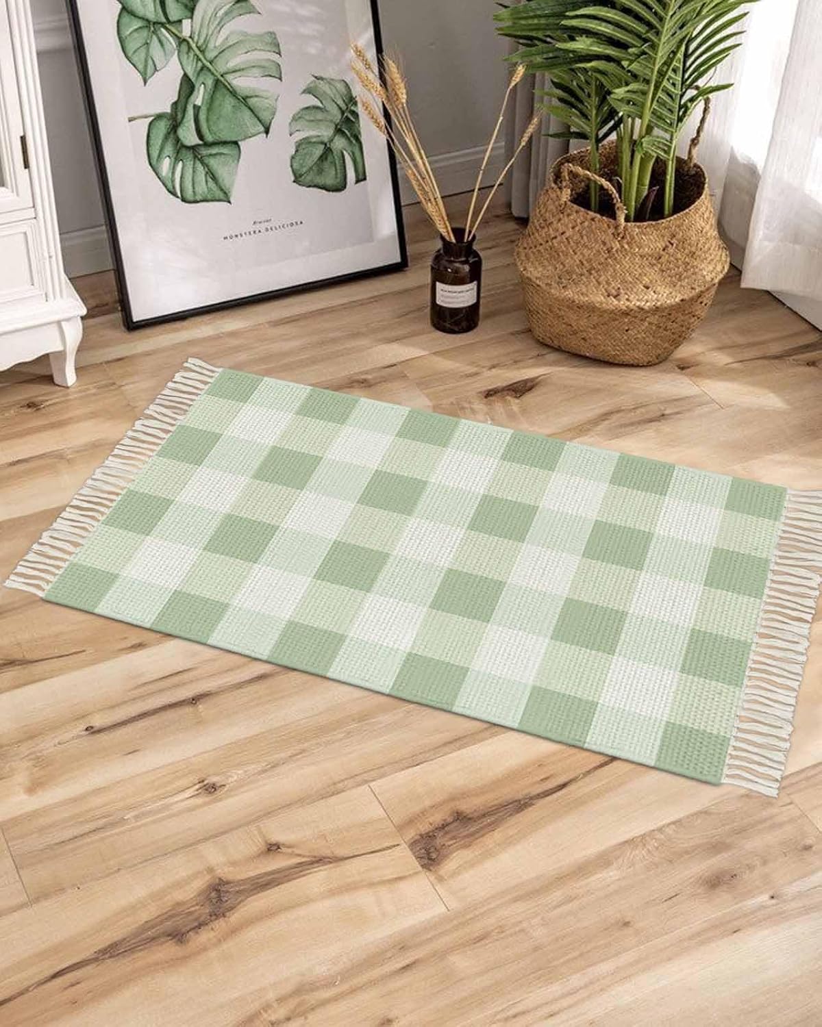 Sage Green Buffalo Check Bathroom Rug 2x3ft