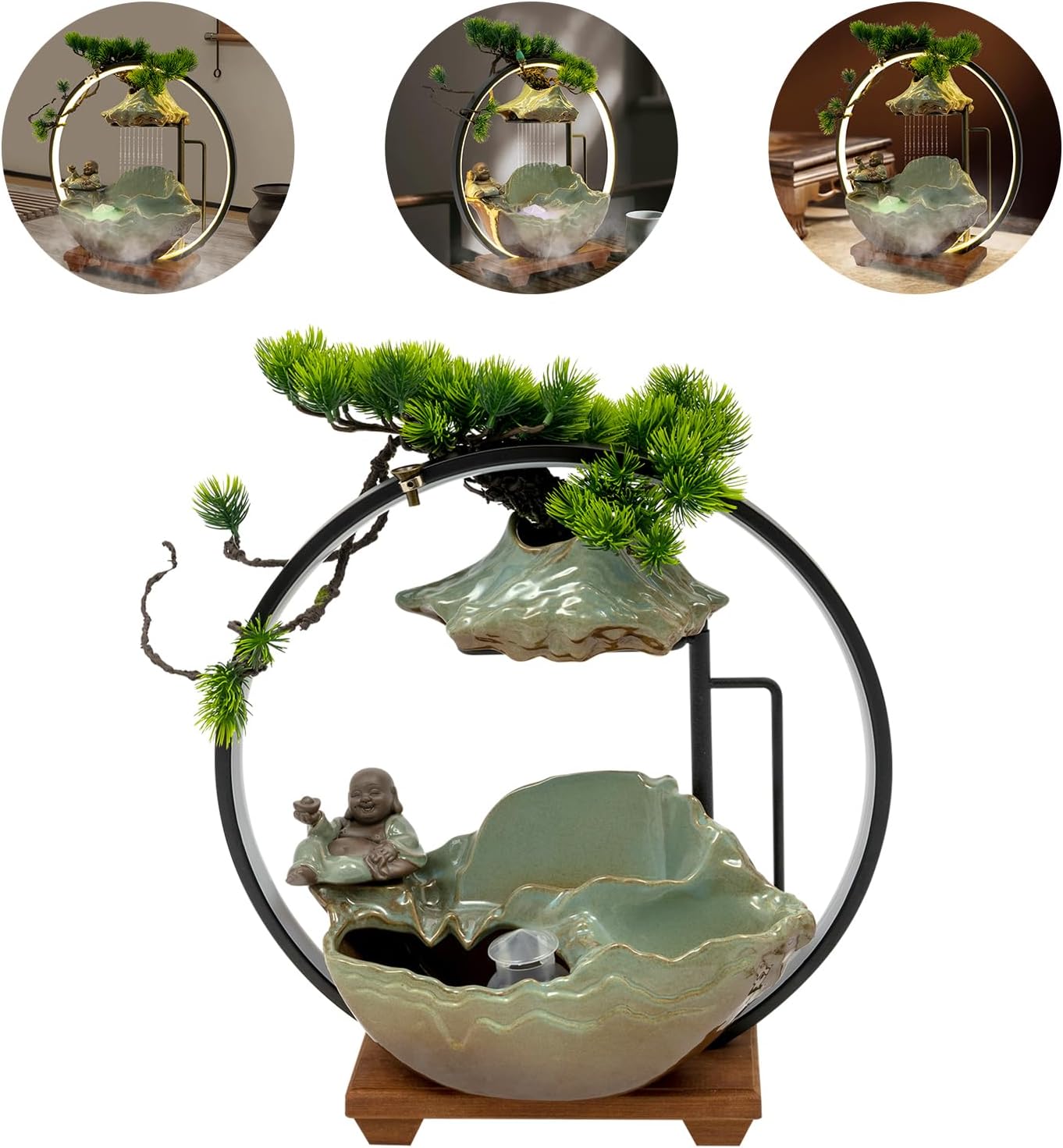 Big Fountain for Table Top - Indoor Waterfall with LED Light and Fake Plants