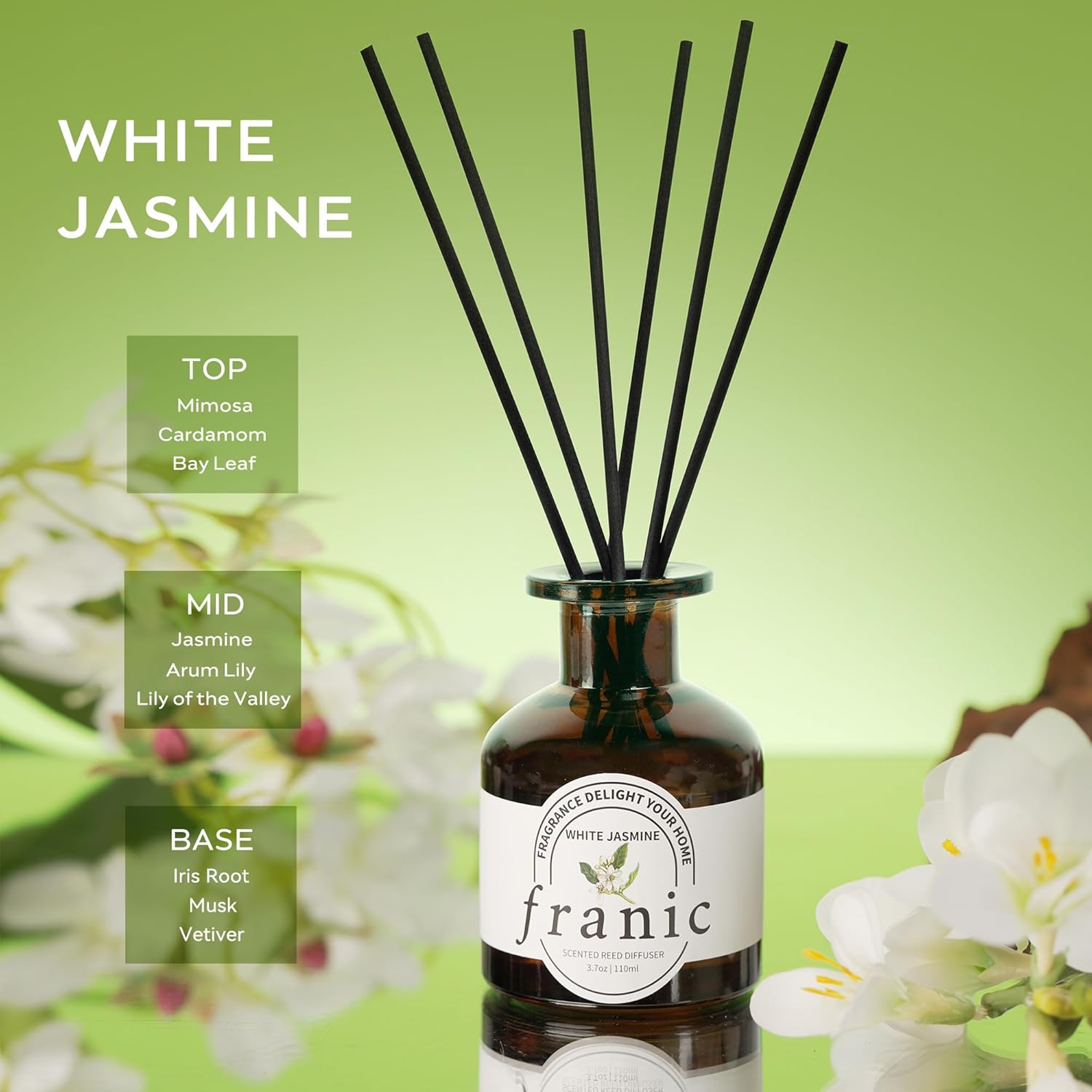 FRANIC Reed Diffuser Set - White Jasmine 37 oz with 6 Sticks