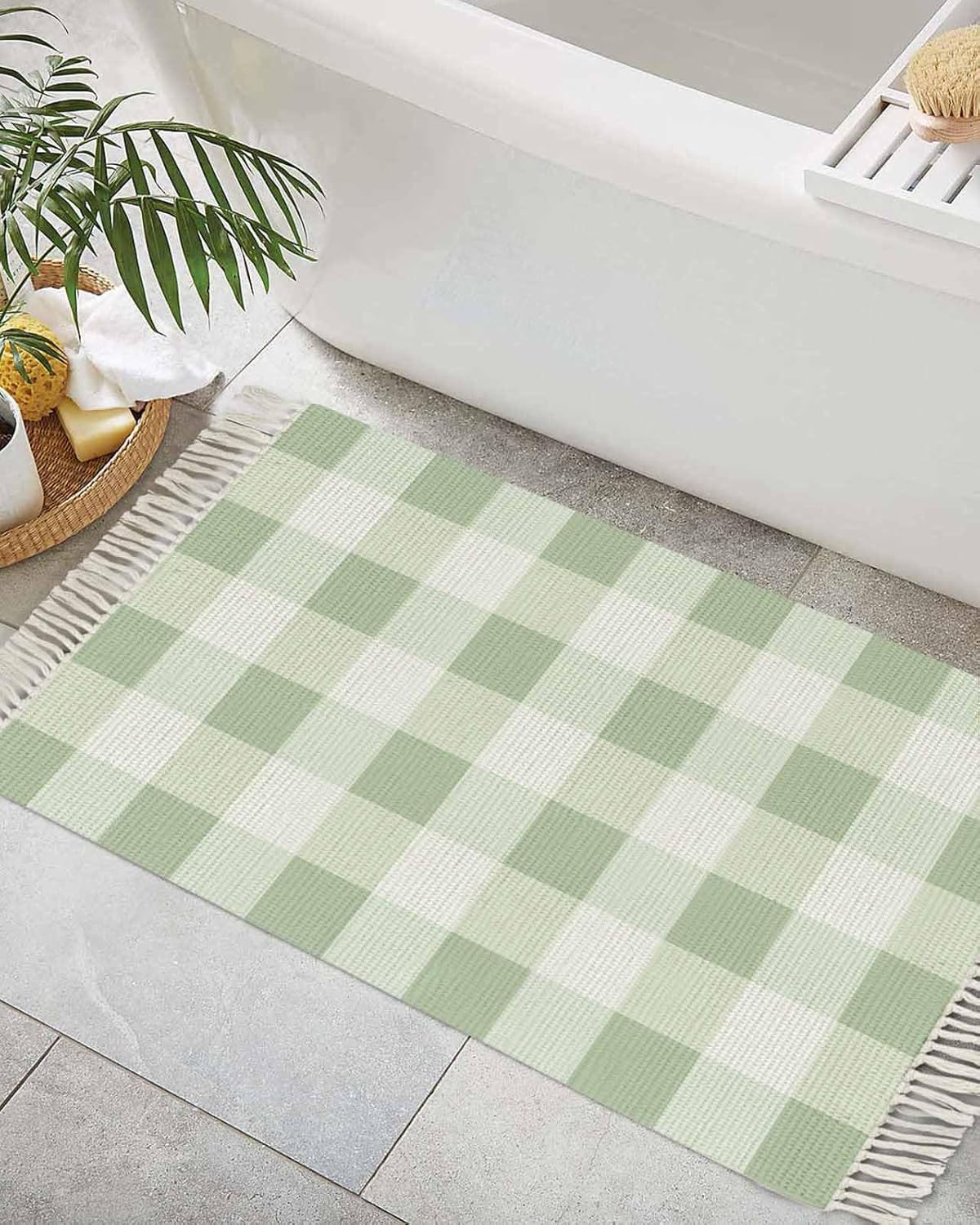 Sage Green Buffalo Check Bathroom Rug 2x3ft