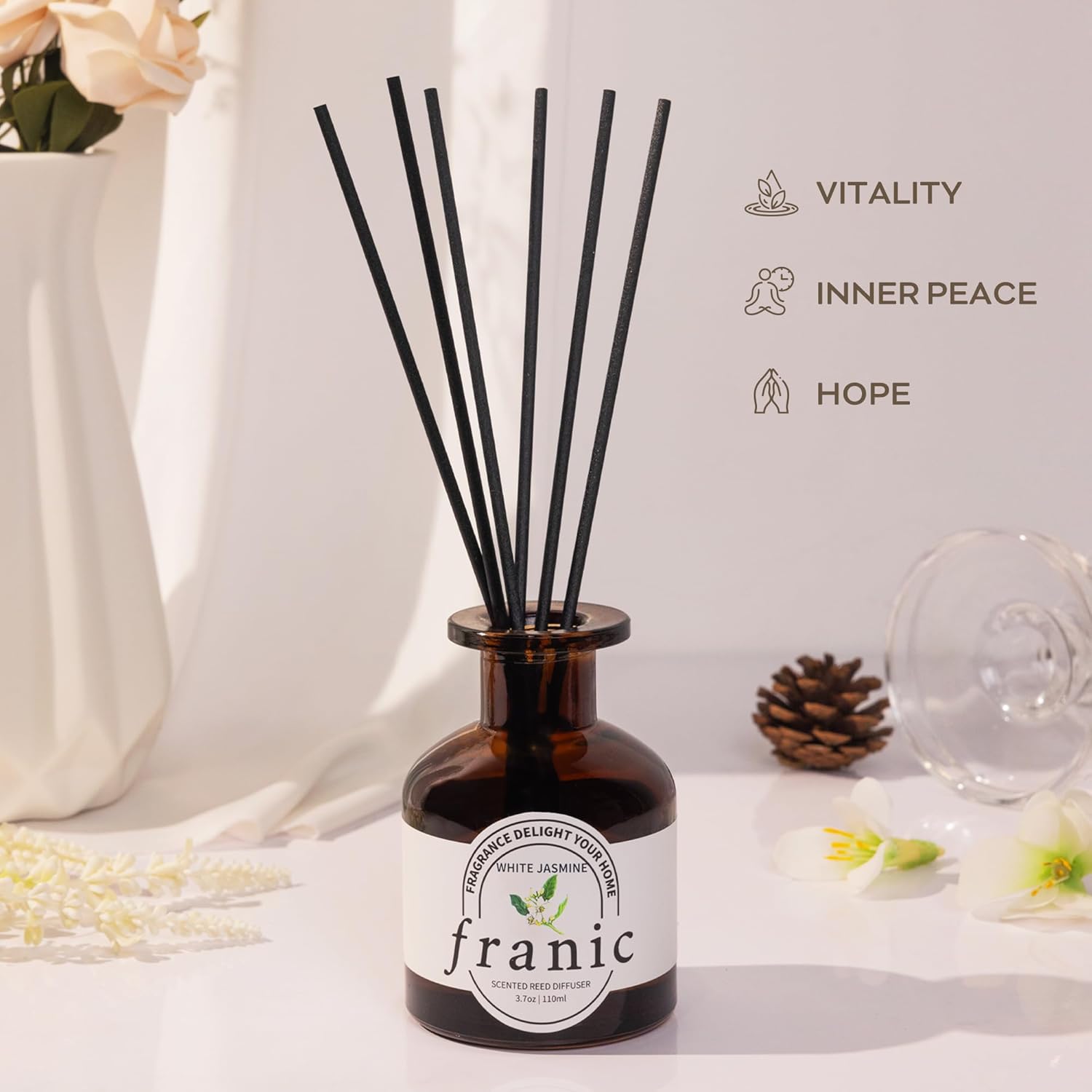 FRANIC Reed Diffuser Set - White Jasmine 37 oz with 6 Sticks