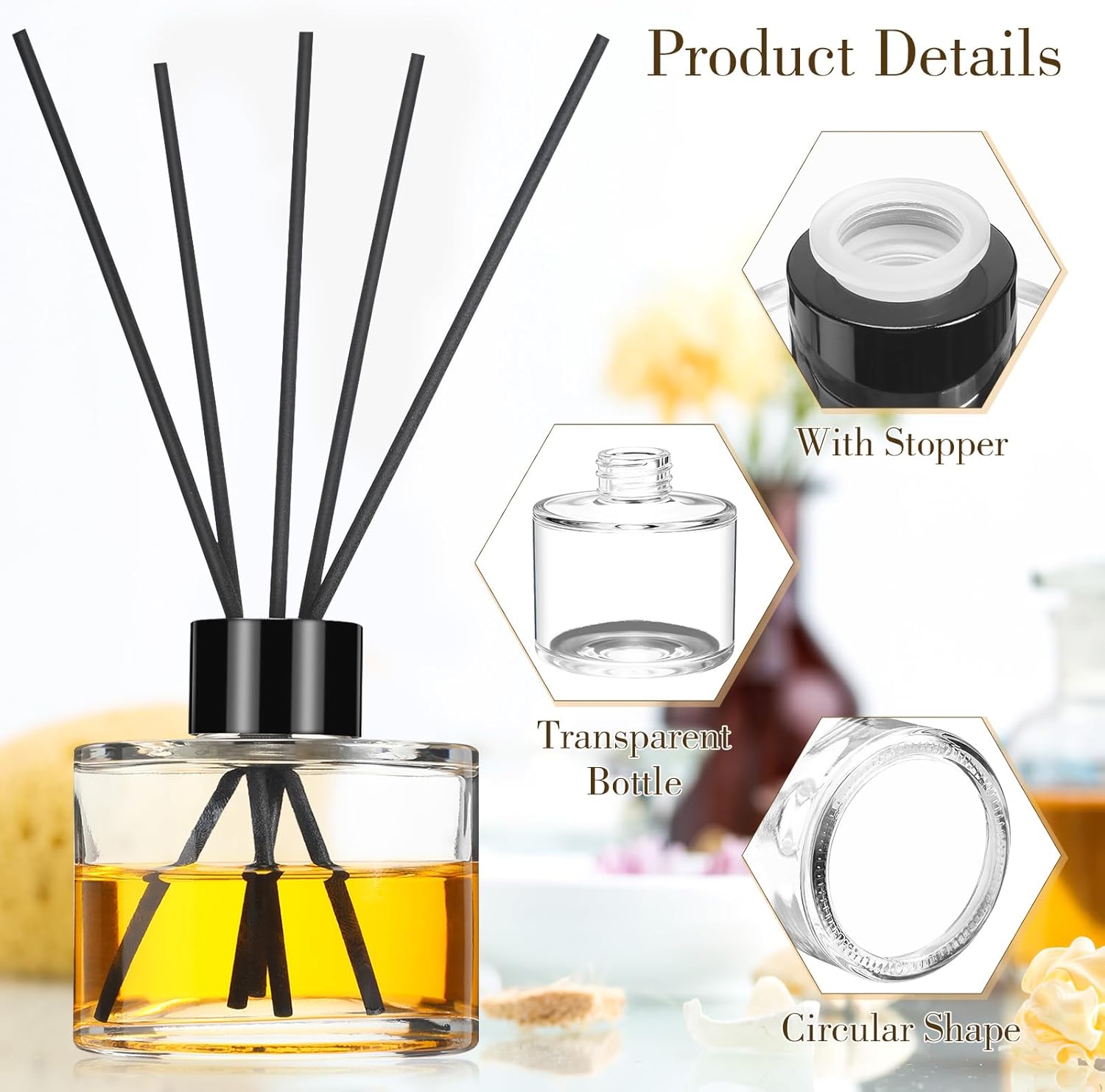 Chunful 10 Piece Reed Diffuser Set Empty Glass Jars with Black Caps and Rattan Sticks
