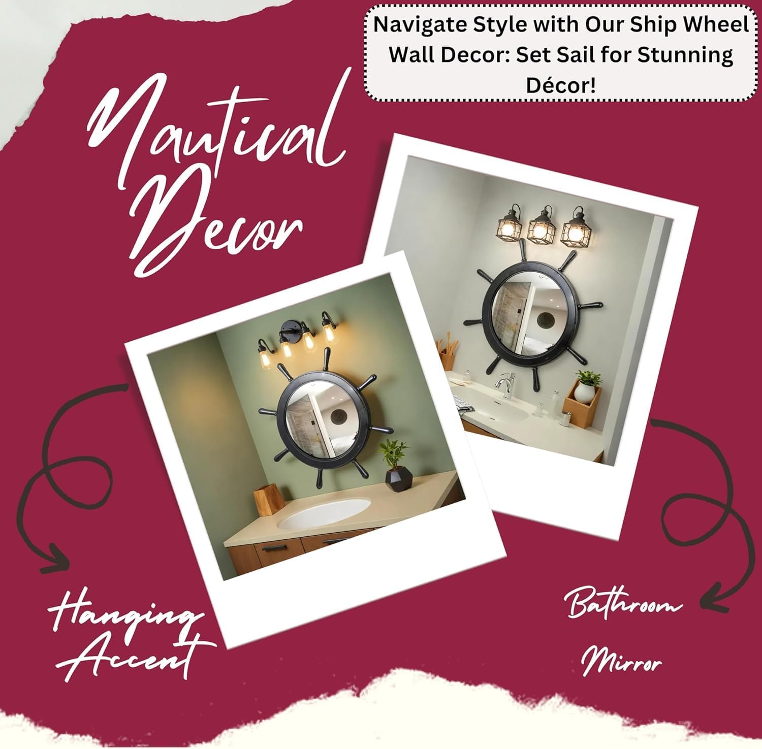 Nagina International 16 Inch Matte Black Ship Wheel Mirror