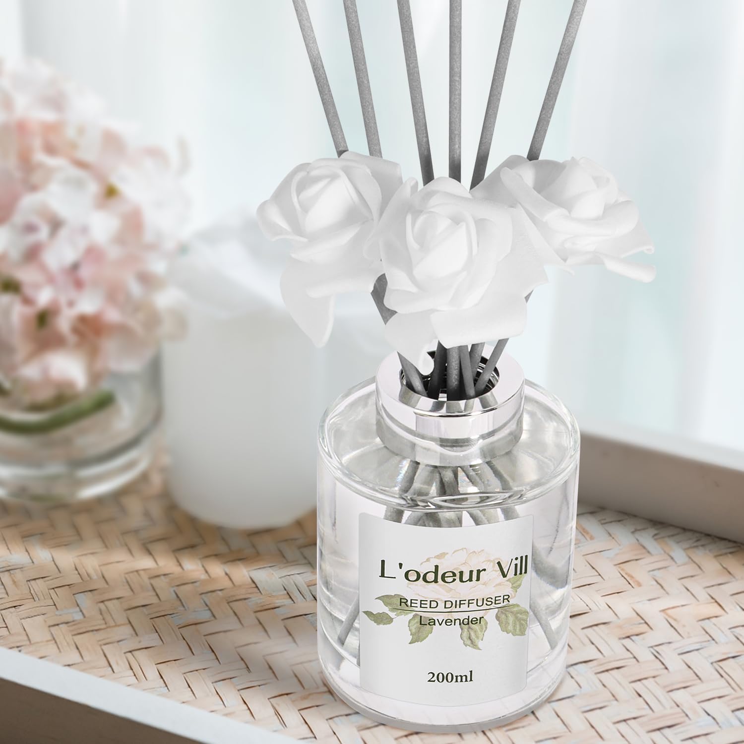 Lodeur Vill Reed Diffuser Set 67 oz Lavender Scented with 3 Artificial Roses