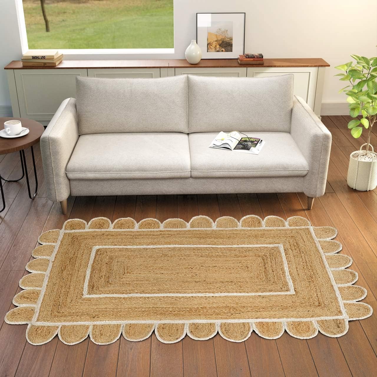 GRUHUM Scalloped Jute Rug 2x3 ft Natural White Trim Rectangular
