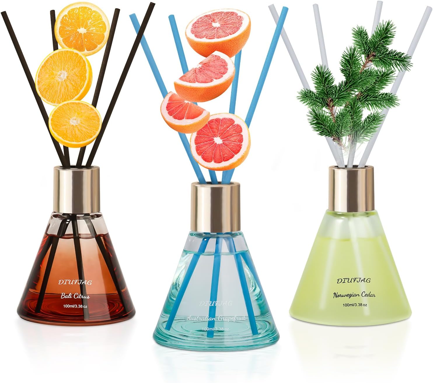 3 Pack Reed Diffusers with 24 Fiber Sticks Citrus Cedar Grapefruit Scent