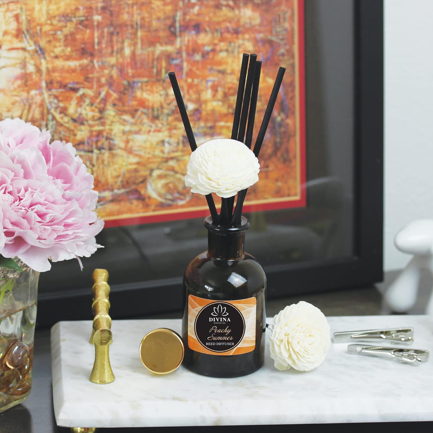 Divina Esencial Luxury Reed Diffuser Set with 120ml Amber Glass Bottle and 5 Reeds