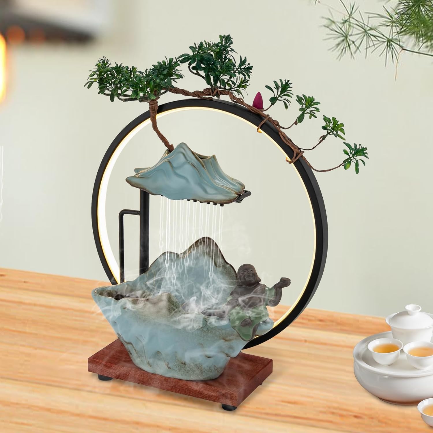 Tabletop Fountain with LED Ring Light and Incense Holder