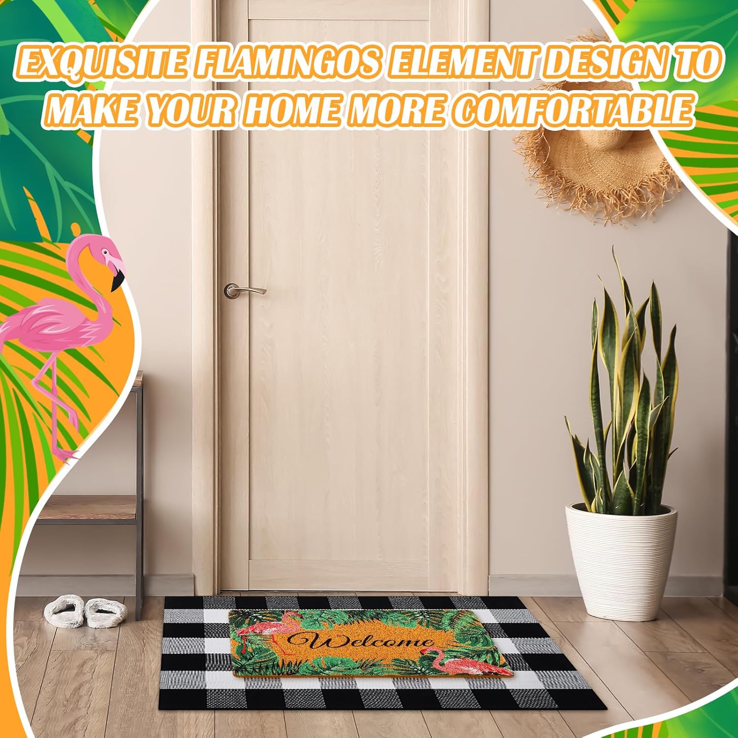 Geelin 2 Pcs Flamingo Door Mat Buffalo Plaid Rug Set