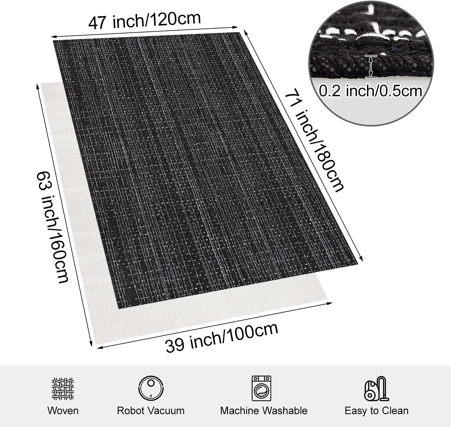 Black White 4x6 Area Rug Washable Cotton Rug with Non-Slip Pad