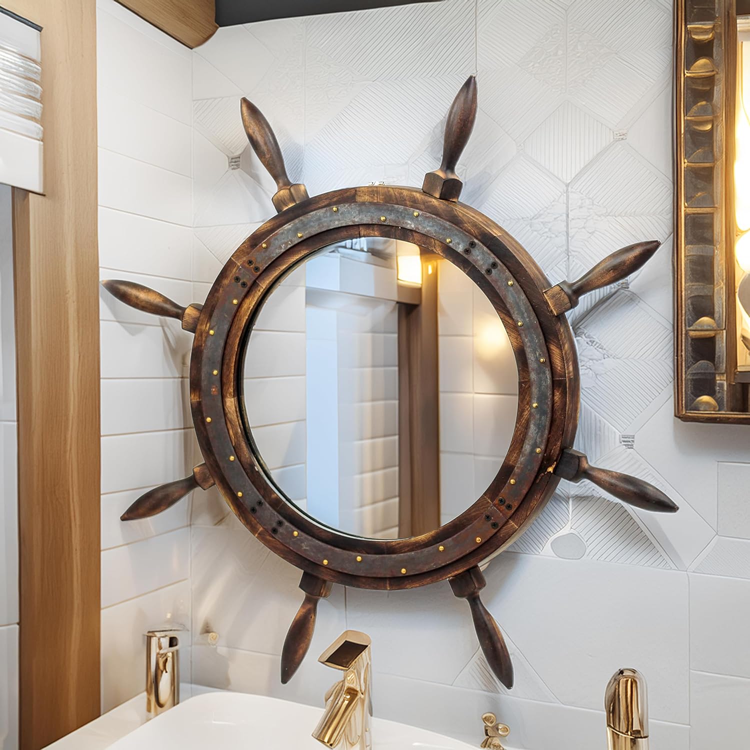 Nagina International 18 Inch Antique Rusted Mirror Ship Wheel