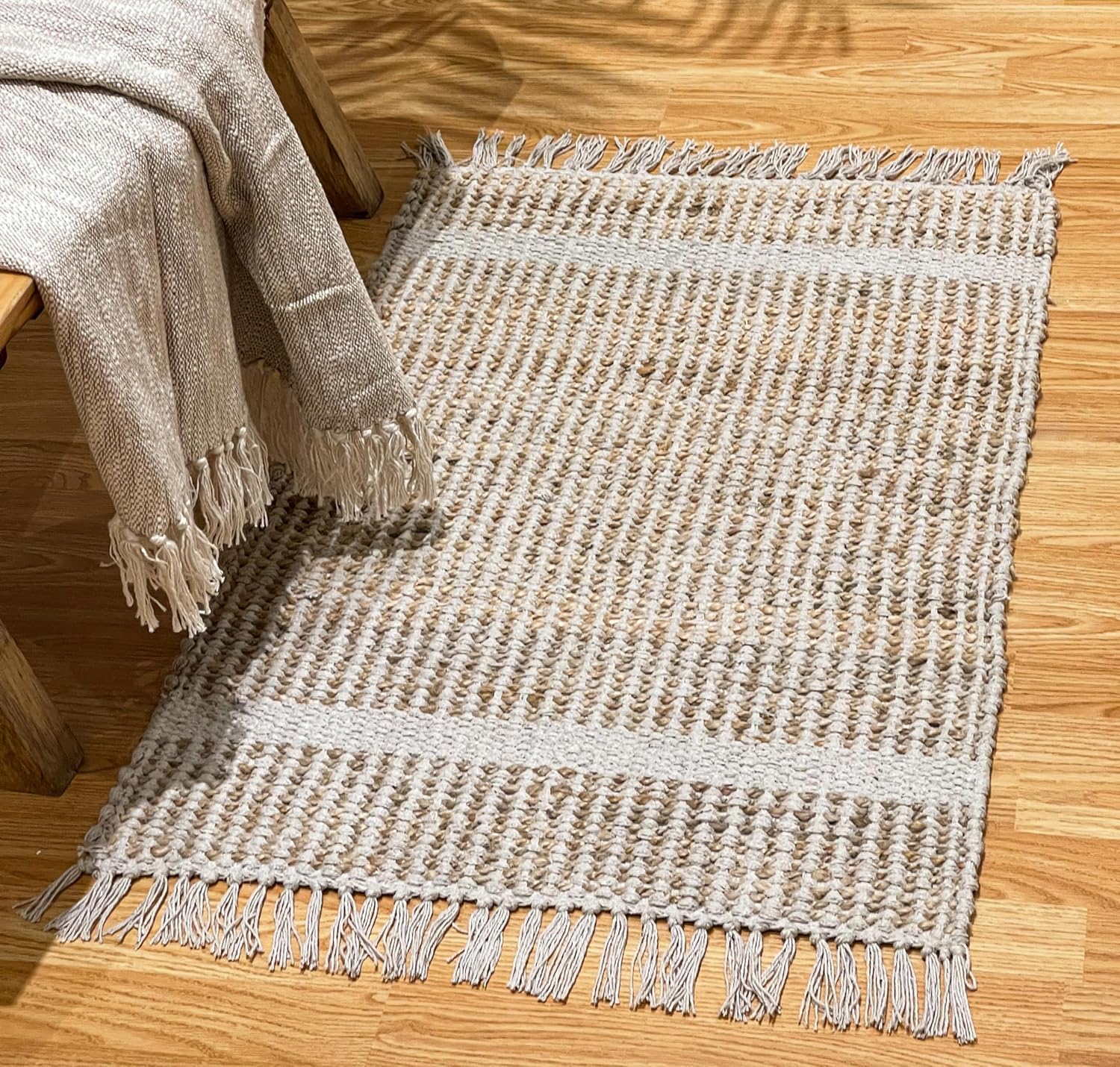 Chardin Home 2x3 Jute Cotton Woven Rug with Knotted Fringes