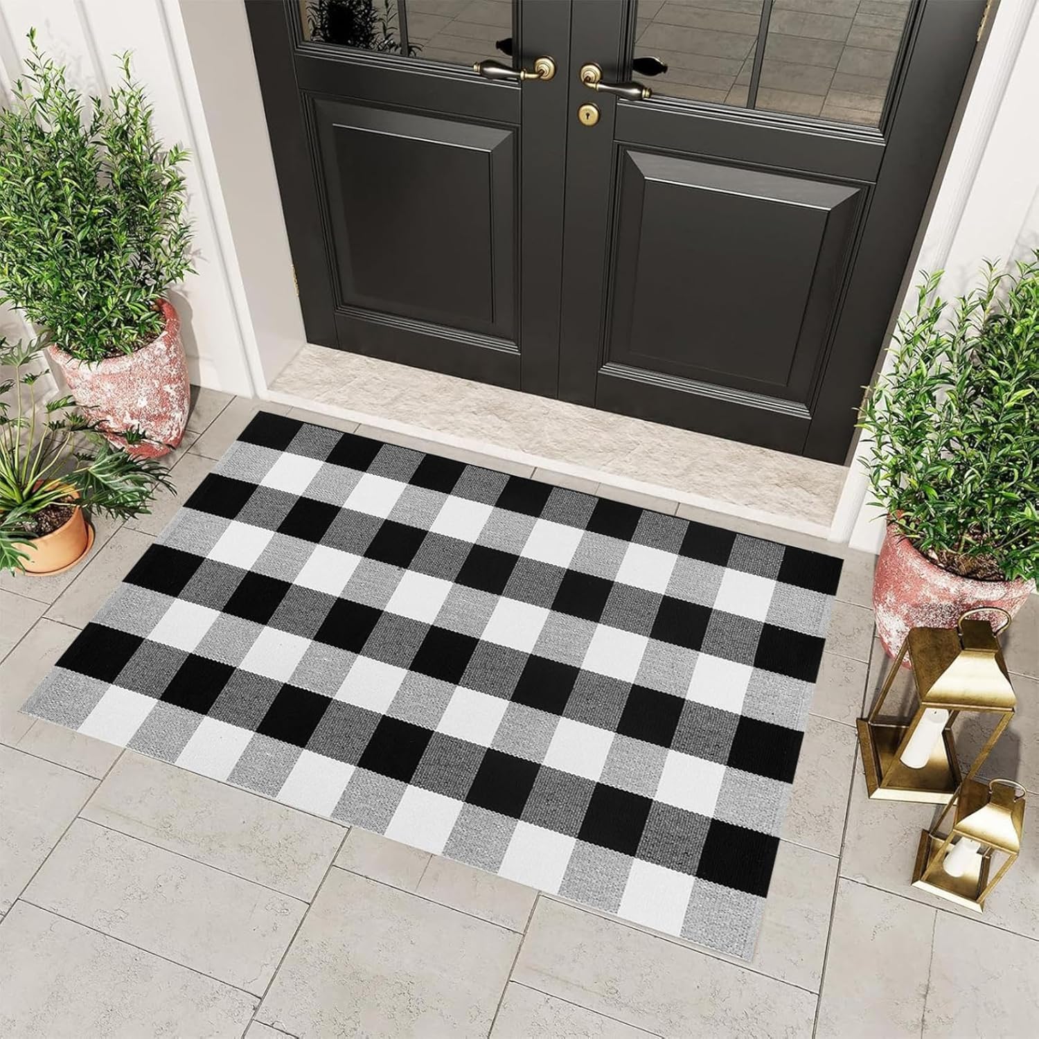 Generic Fall Outdoor Rug Front Porch Buffalo Plaid Doormat Black