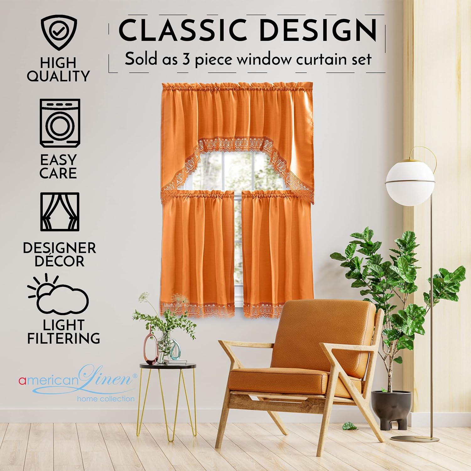 American Linen Caf Curtains with Valance and Embroidered Lace Border Orange