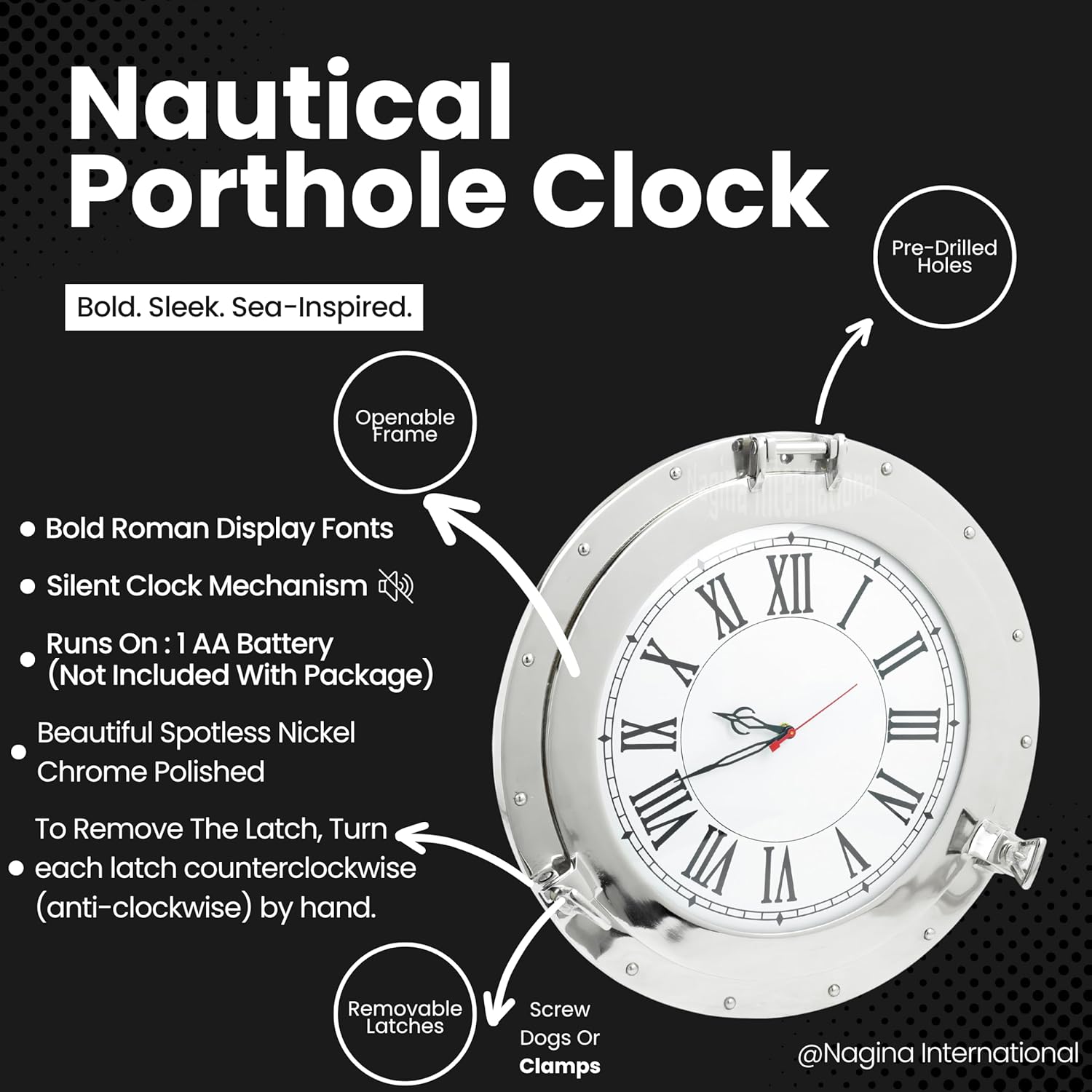 Nagina International Silver Lined Nautical Porthole Wall Mirror Clock 15 Inches