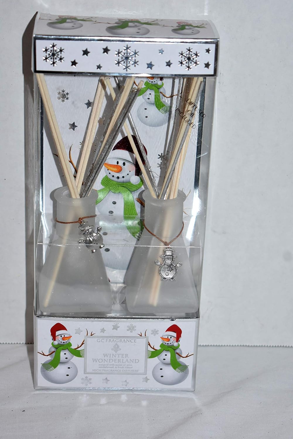2pc Frosted White Glass Bottles with Snowman Charms Winter Wonderland Scent Reed Diffusers Set