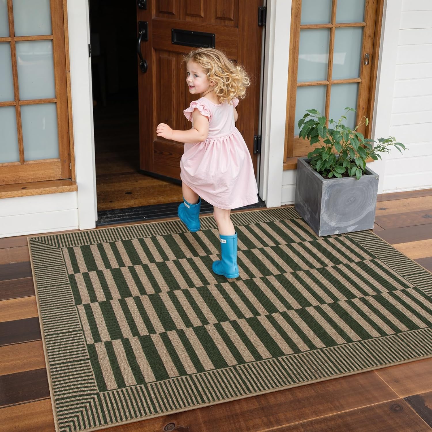 Beeiva Striped Jute Rug 3x5 Non-Slip Outdoor Indoor Entryway Mat - Green