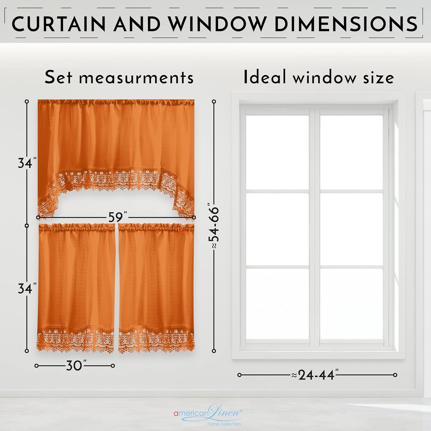 American Linen Caf Curtains with Valance and Embroidered Lace Border Orange