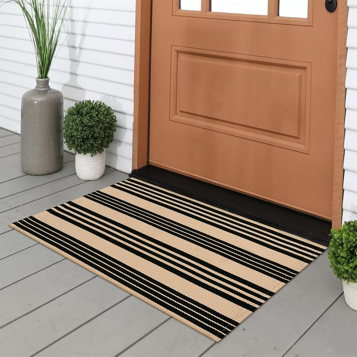 Tiveney 2 x 3 Front Door Mat Outdoor Entrance Entryway Rug Black Khaki Layered Doormats