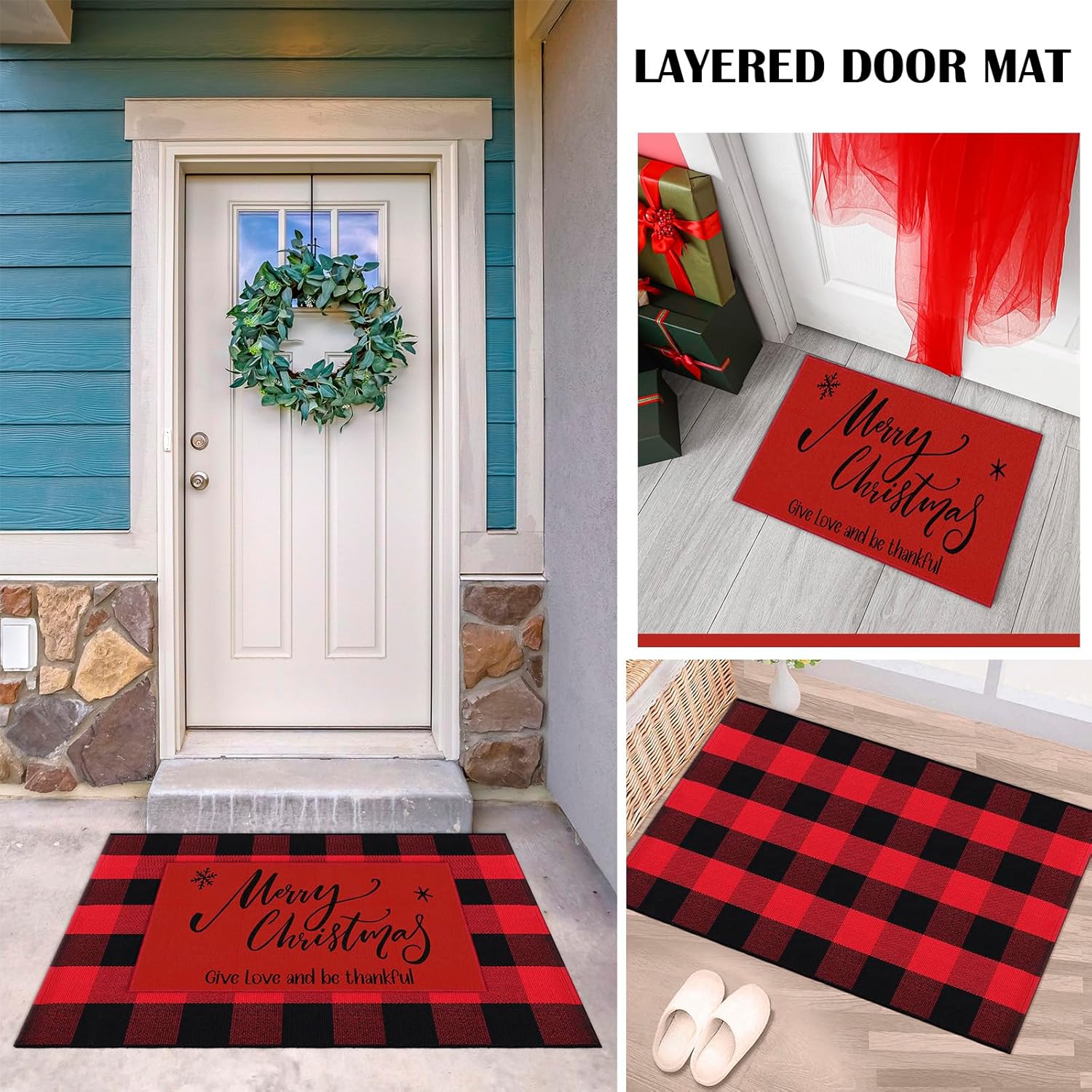 Timgle 2 Pcs Christmas Doormats and Plaid Rug Set