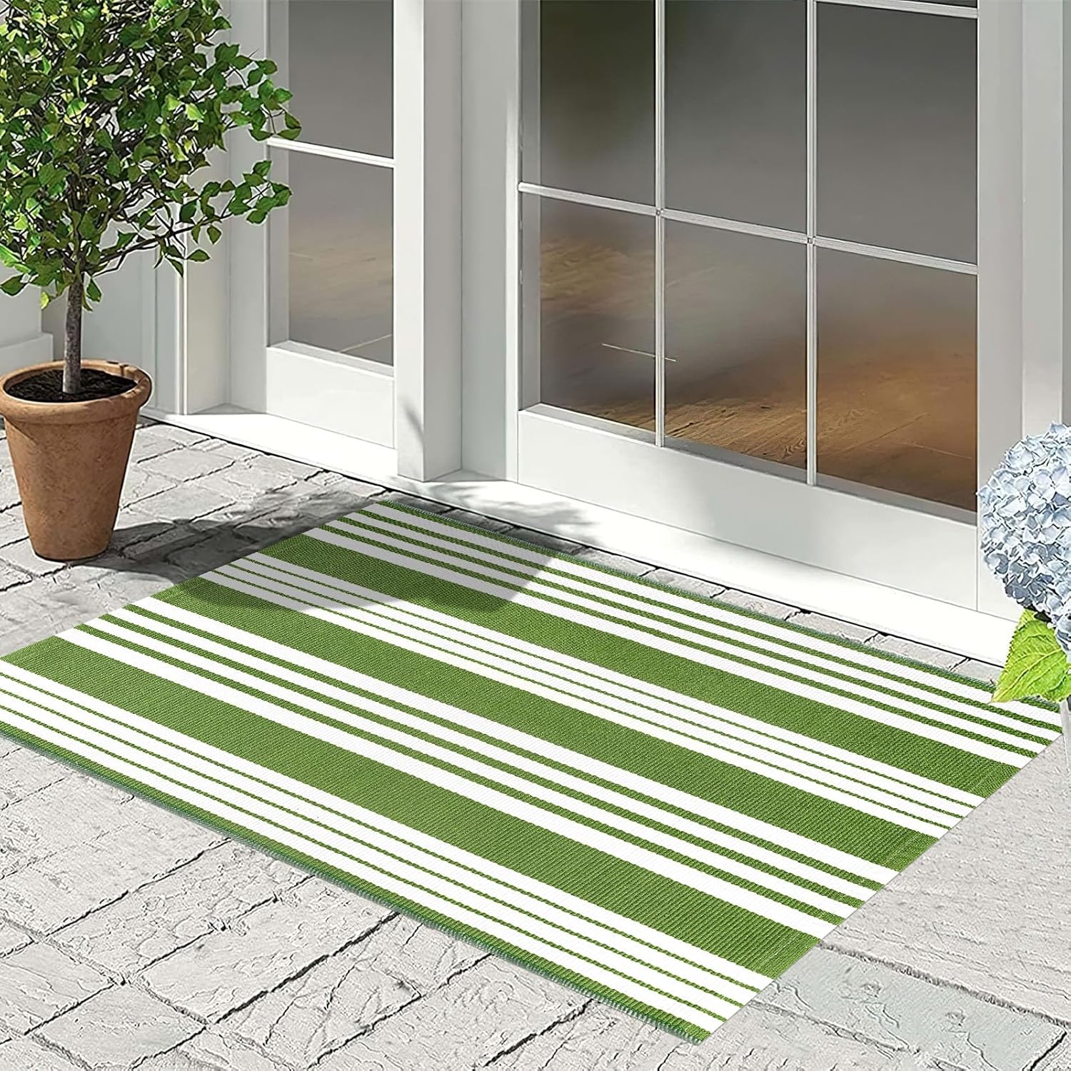 Green and White Striped Outdoor Rug 24x35 Door Mat Welcome Mat for Entryway
