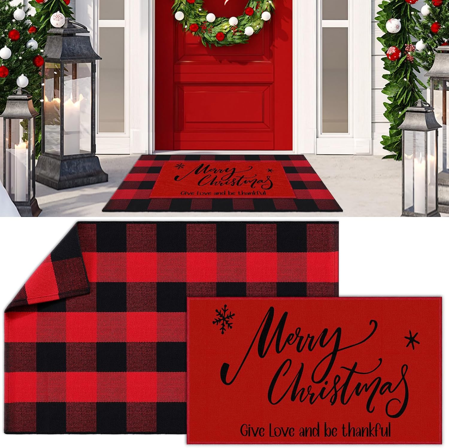Timgle 2 Pcs Christmas Doormats and Plaid Rug Set