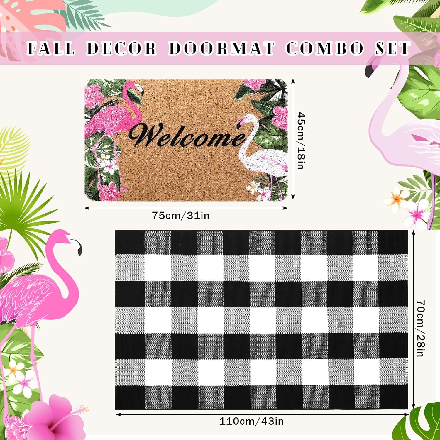 Flamingo Doormat and Plaid Rug Set for Front Porch
