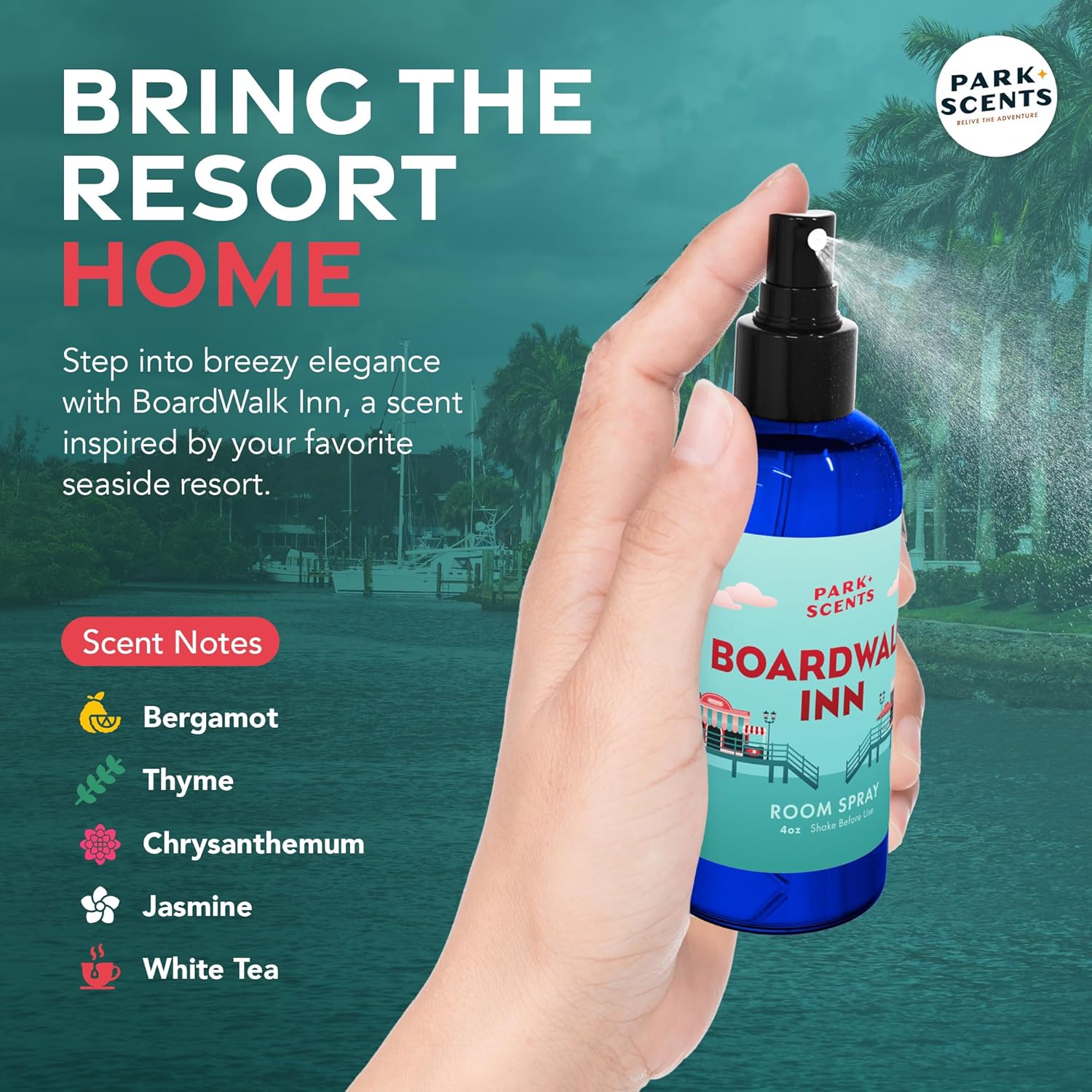 Boardwalk Inn Inspired Luxury Fragrance Room Spray Bergamot Thyme Chrysanthemum Jasmine White Tea 4oz