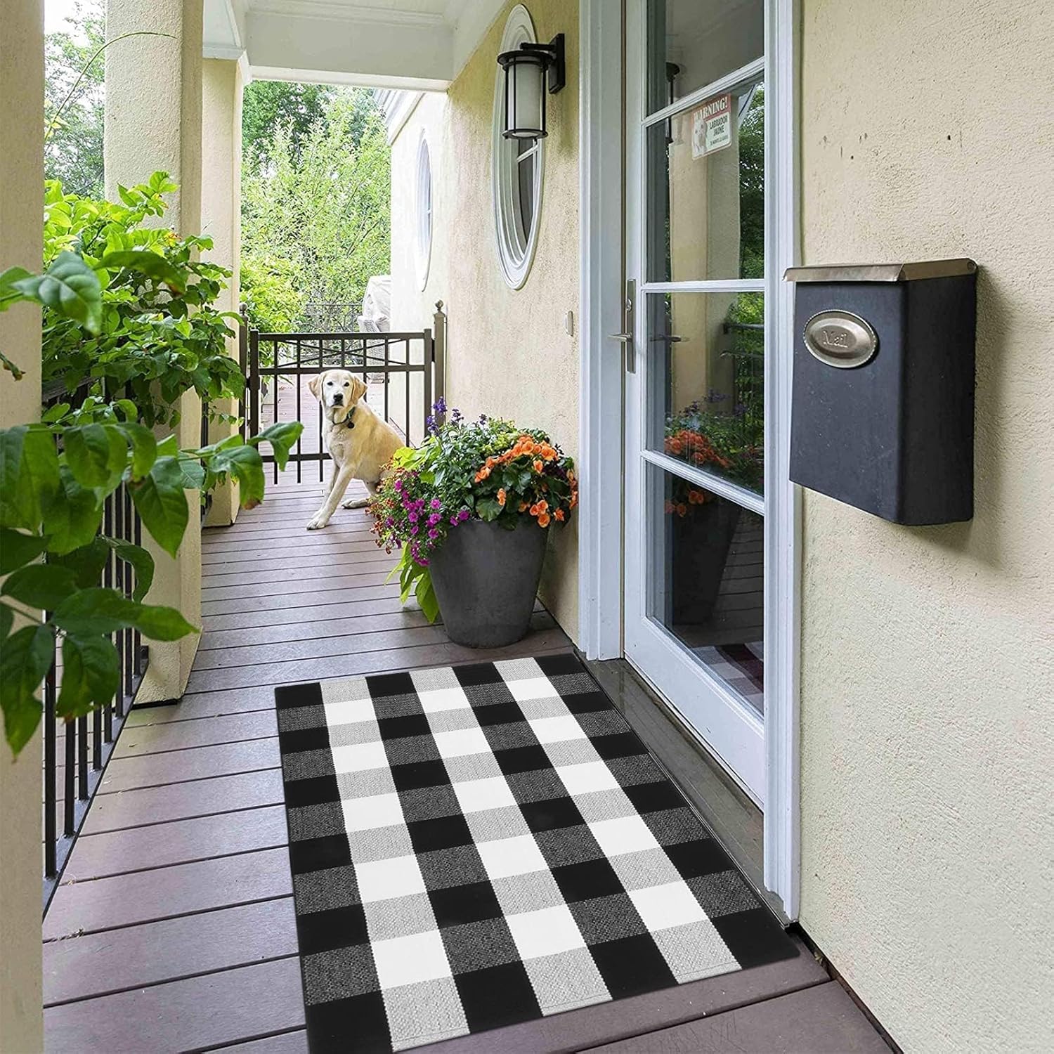 LEEVAN Buffalo Plaid Outdoor Rug 275x43 Inch Black and White Doormat for Entryway and Front Porch