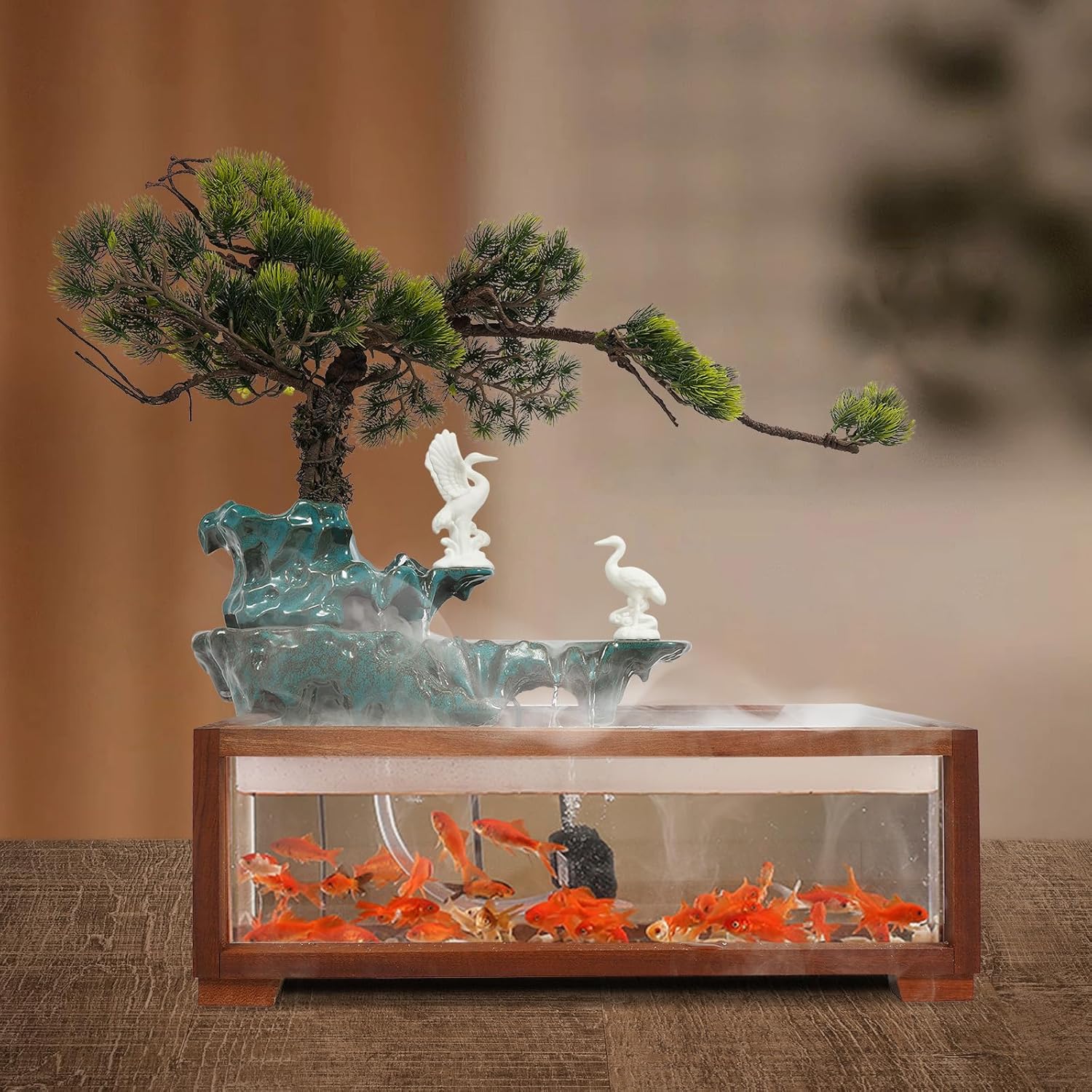 Porkke Spreading Fish Tank Flowing Ornament Desktop Fountain with LED Light and Atomizer for Home Office Decor