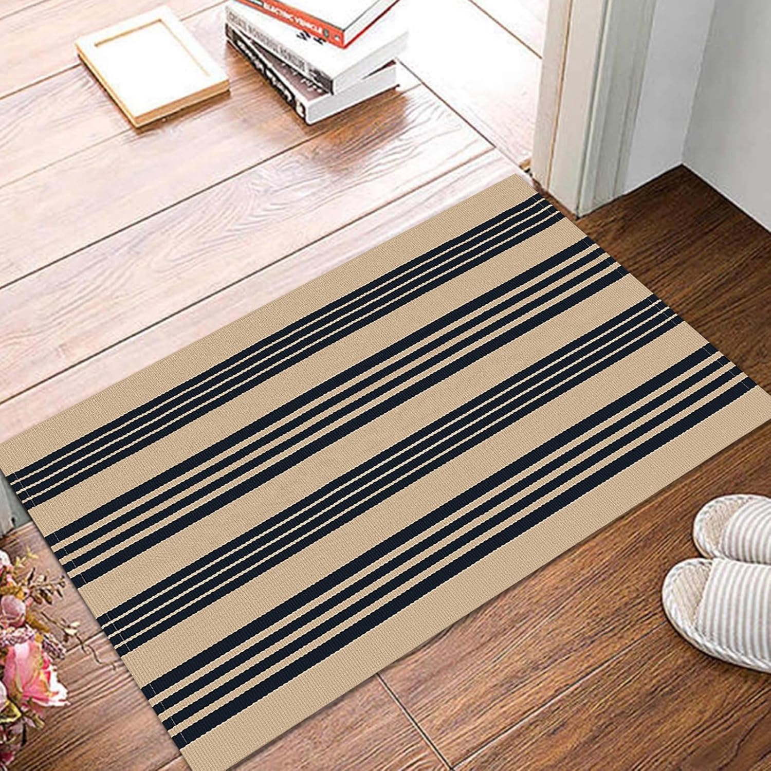 KOZYFLY Striped Front Door Mat 2x3 Ft Brown Black Cotton Washable Indoor Outdoor Rug