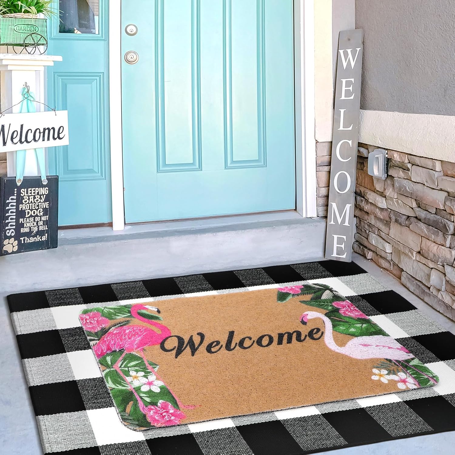 Flamingo Doormat and Plaid Rug Set for Front Porch