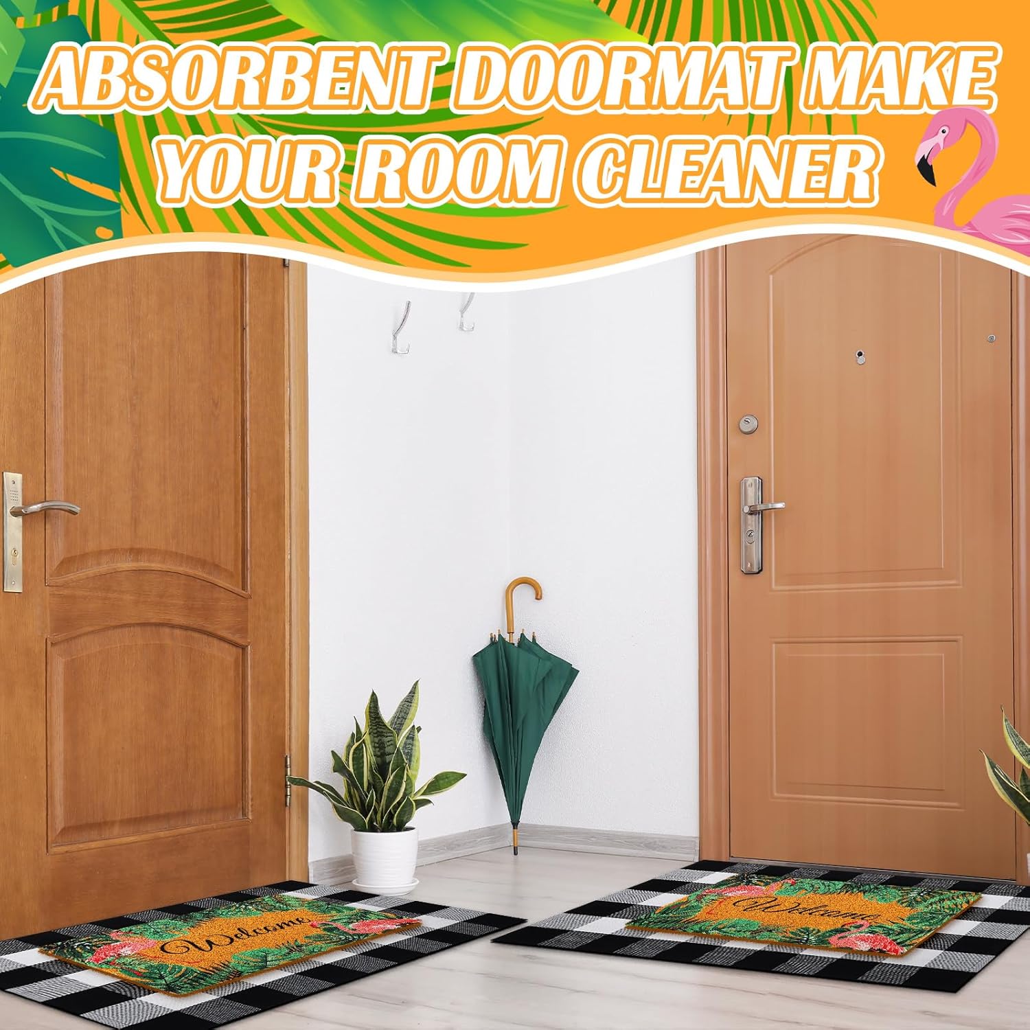 Geelin 2 Pcs Flamingo Door Mat Buffalo Plaid Rug Set