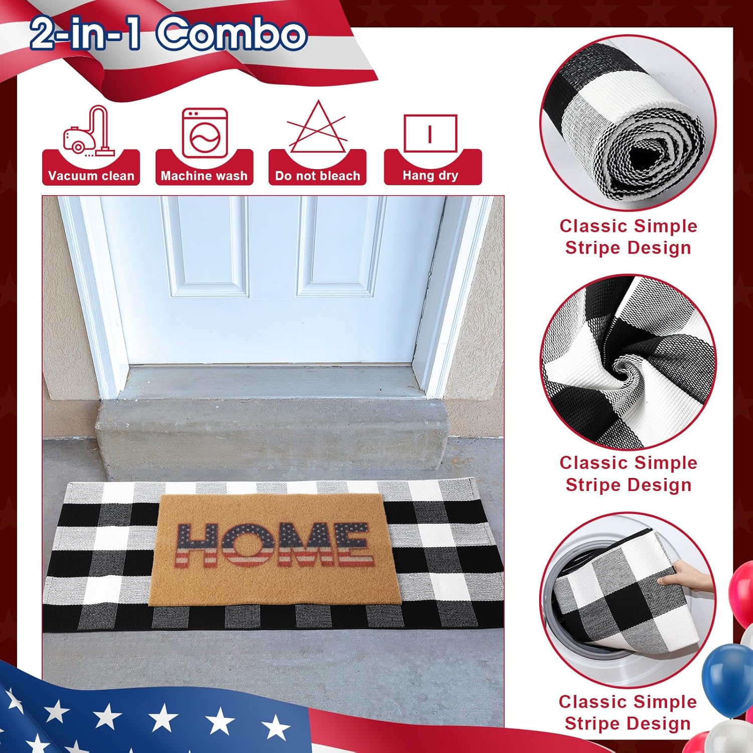 2 Pcs 4th of July Door Mat Set Patriotic Rug and Coir Welcome Mat for Front Porch Entrance