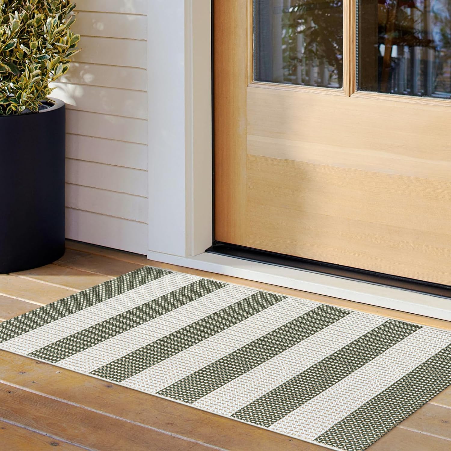 LEEVAN Door Mat Outdoor Front Porch Rug Green White