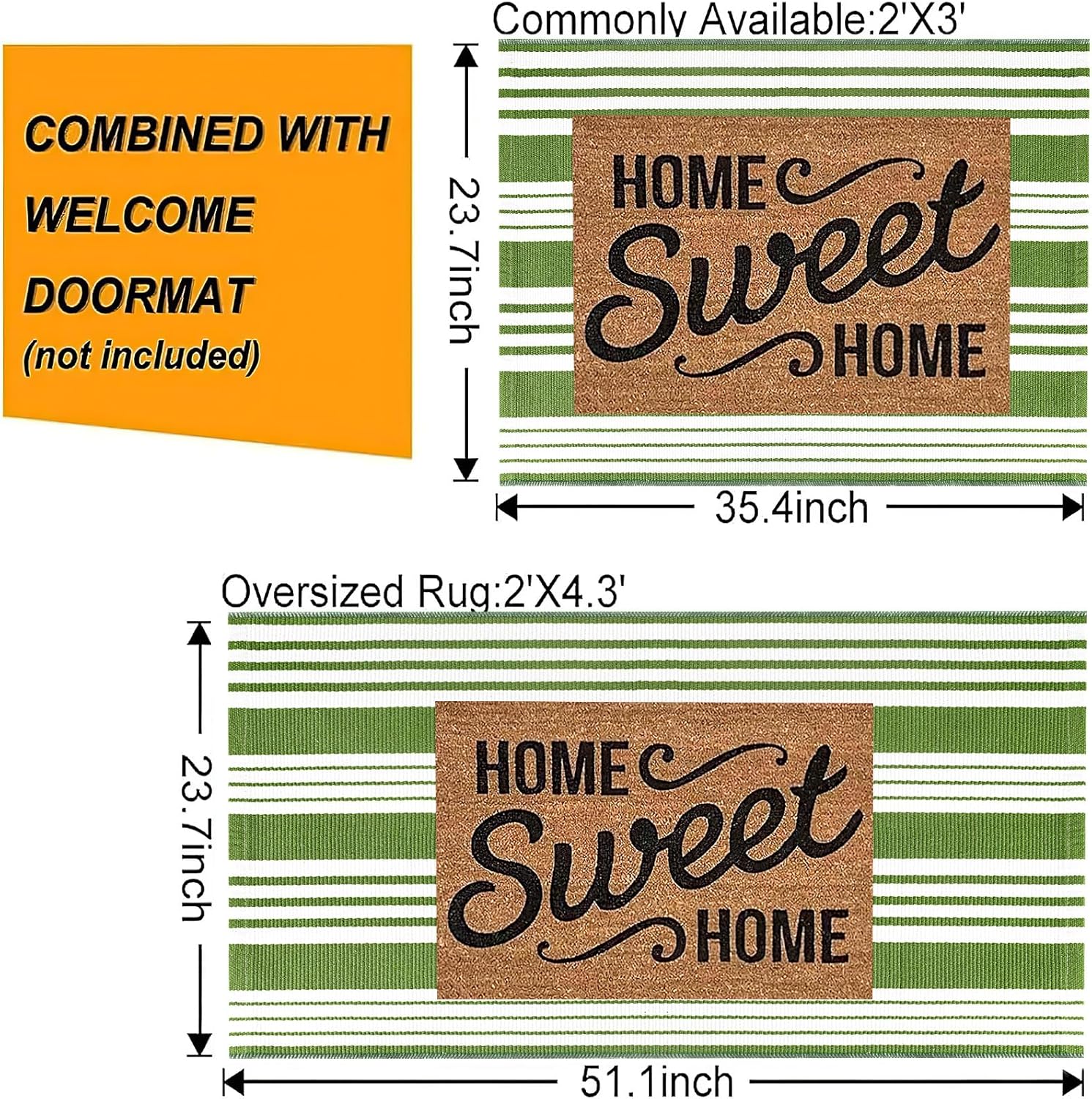 Green and White Striped Outdoor Rug 24x35 Door Mat Welcome Mat for Entryway