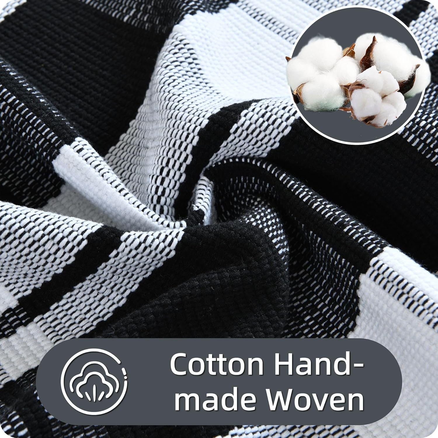 Ompaa Black and White Plaid Checkered Area Rug 236x354 Hand-Woven Cotton Buffalo Doormat for Indoor Outdoor Use