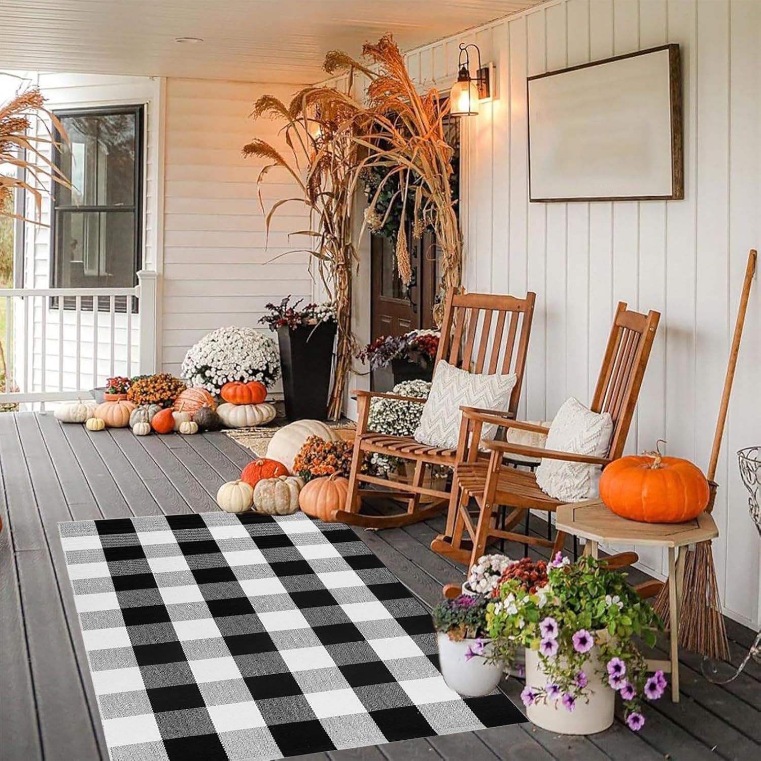 Generic Fall Outdoor Rug Front Porch Buffalo Plaid Doormat Black